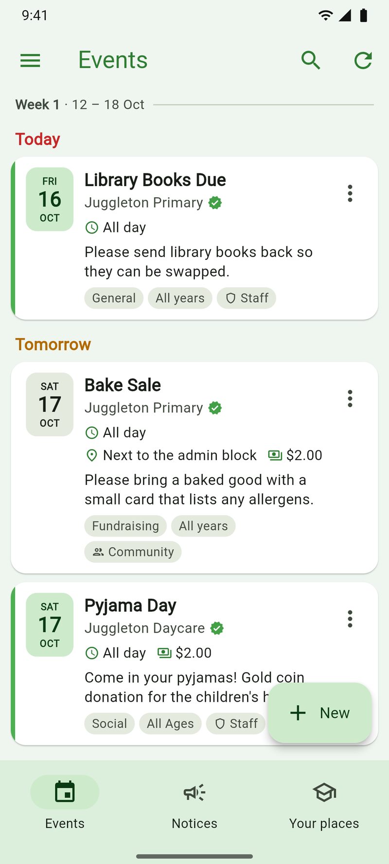 JuggleBoard on an Android phone: a bake sale tomorrow at Juggleton Primary and a Year 7 camp meeting later this week at Juggleton Intermediate