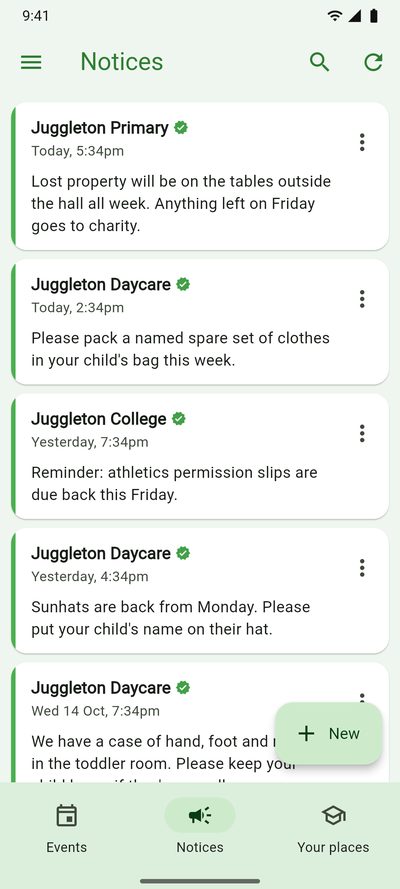 School notices from a primary school, a daycare and a college