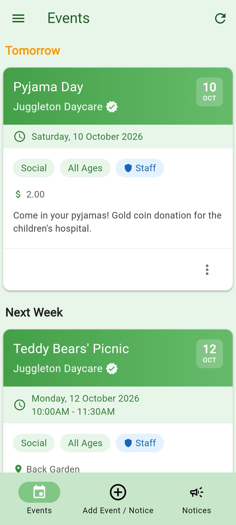 A daycare parent's feed: pyjama day tomorrow at Juggleton Daycare, and more centre events coming up