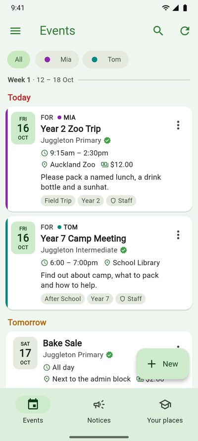 The Events feed with two children added: a Year 2 zoo trip marked for Mia in purple and a Year 7 camp meeting marked for Tom in teal