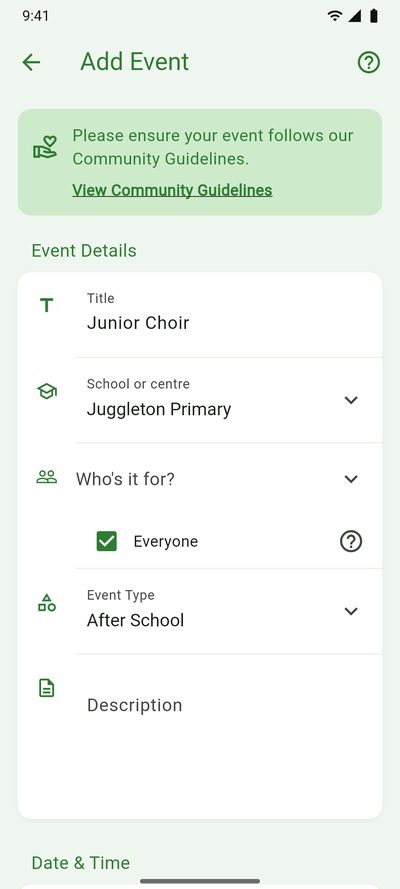 Adding an event: title, school, year levels and date