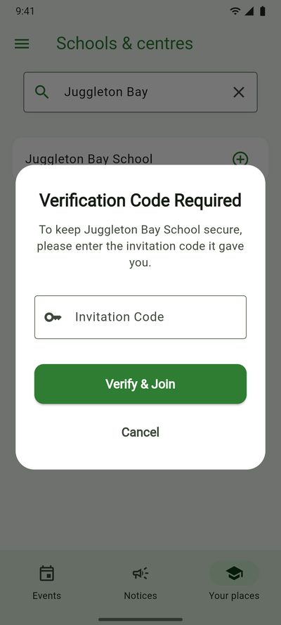 Joining an invite-only school by entering its invitation code