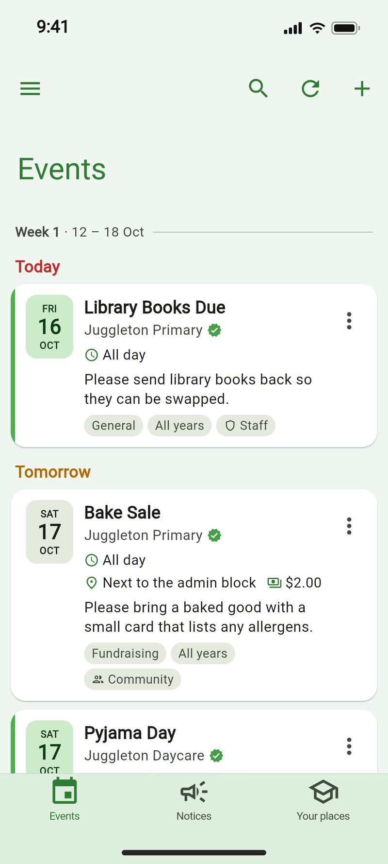 JuggleBoard on an iPhone: the Events feed