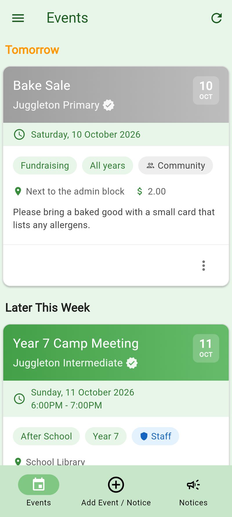 A school parent's feed: a bake sale tomorrow at Juggleton Primary and a Year 7 camp meeting posted by Juggleton Intermediate's staff
