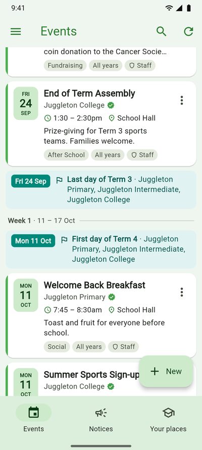 The feed at the end of Term 3: a mufti day and an assembly, then the last day of Term 3, then the first day of Term 4 and a welcome back breakfast